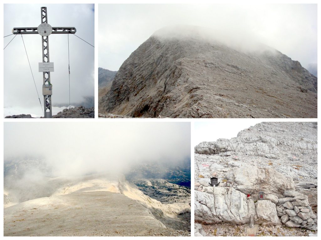 GIpfelkreuz am Hohen Gjaidstein; Hoher Gjaidstein in den tiefhängenden Wolken; Nebelschwaden auf der Hochebene zwischen Taubenkogel und Gjaidstein; Taubenkogelnarr