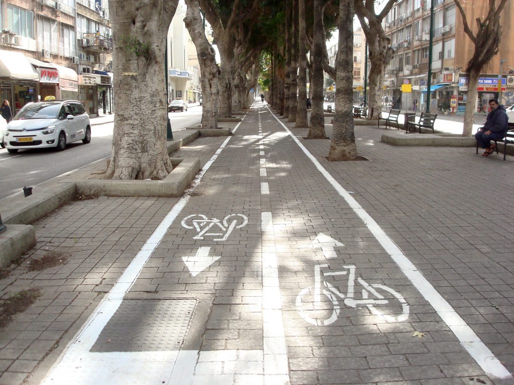 Fahrradstreifen in der Mitte eines leeren Boulevards, der durch eine Baumallee durchführt