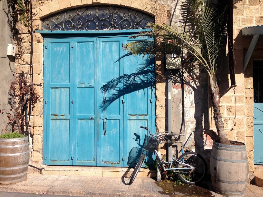 Eine hellblaue große Tür, rechts ein Fahrrad und eine Palme