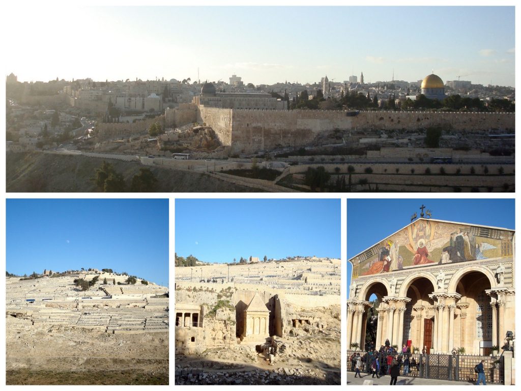 Collage: Ausblick vom Ölberg auf die Altstadt (oben), Blick auf jüdischen Friedhof (links, Mitte), Kirche der Nationen (rechts)