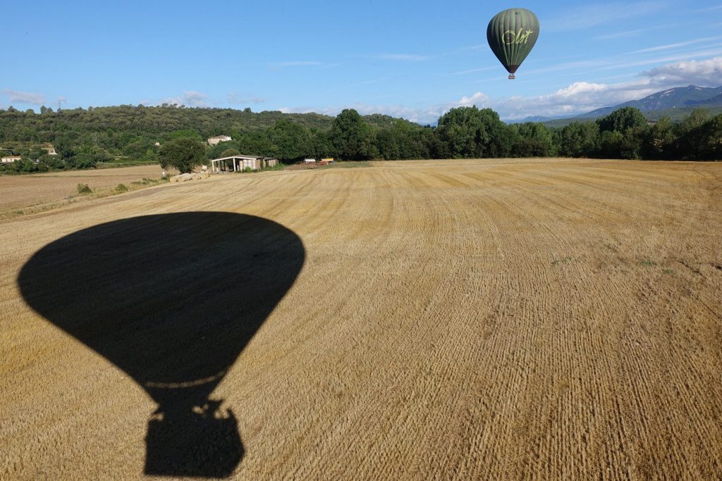 Der Heißluftballon wirft einen schwarzen Schatten auf ein goldgelbes Feld; ein grüner Heißluftballon fliegt am Himmel