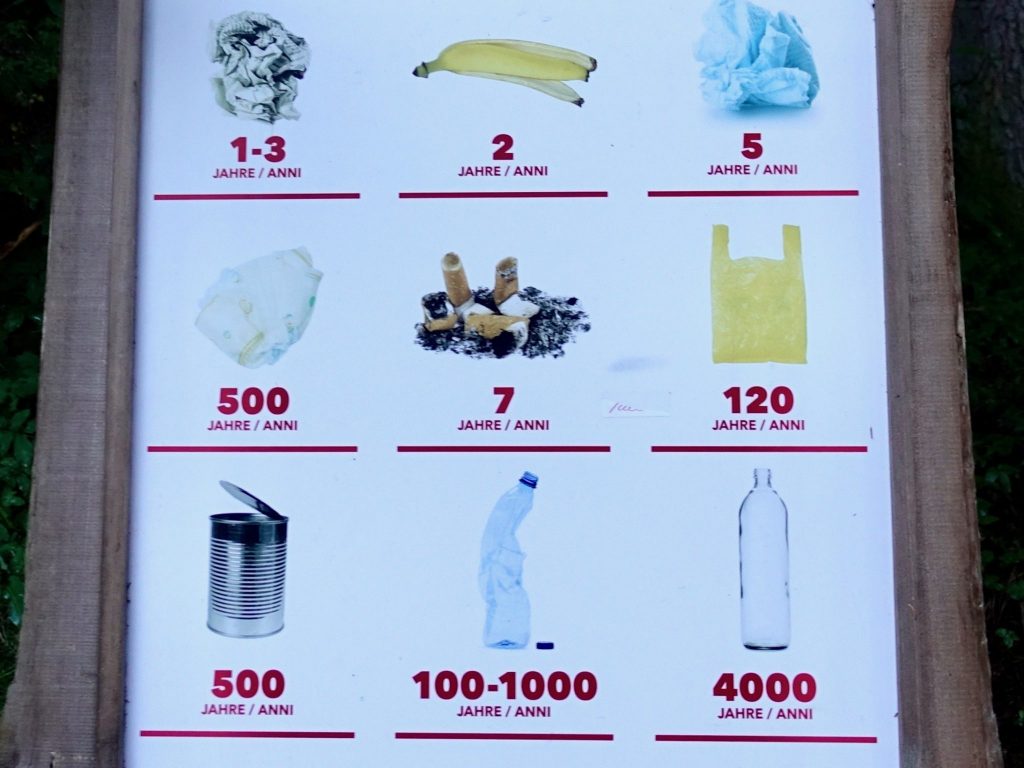 Informationstafel am Pragser Wildsee in Südtirol zu den Verrottungszeiten von Papier, Taschentücher, Bananenschalen, Zigaretten, Plastiksackerl, Dosen etc.