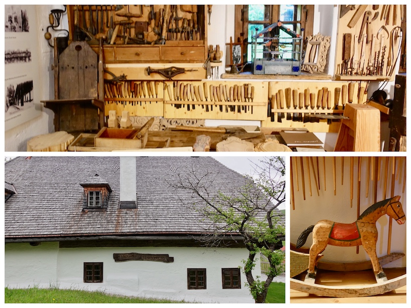Collage: Weißes Haus von außen, kleines Schaukelpferd, Holzwerkstatt mit Werkzeug